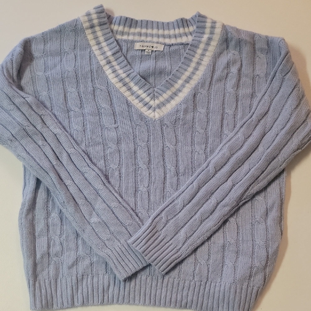 H&M Light Blue V-Neck Sweater with White Trim